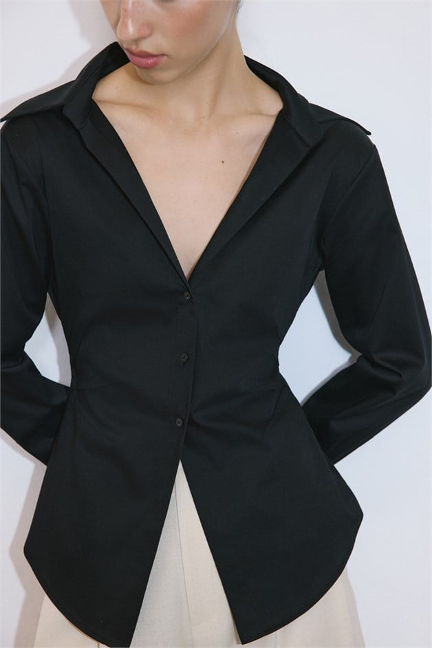 Deep V Neck Long Sleeve Asymmetric Black Shirt