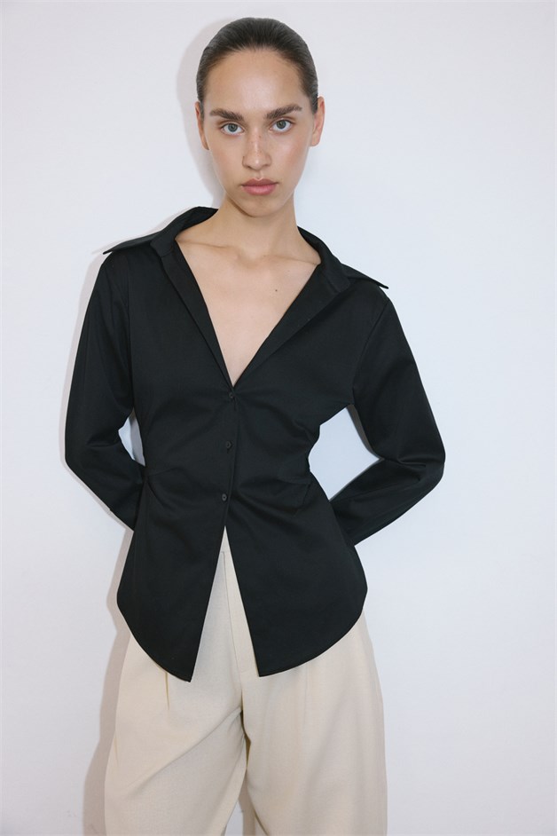 Deep V Neck Long Sleeve Asymmetric Black Shirt