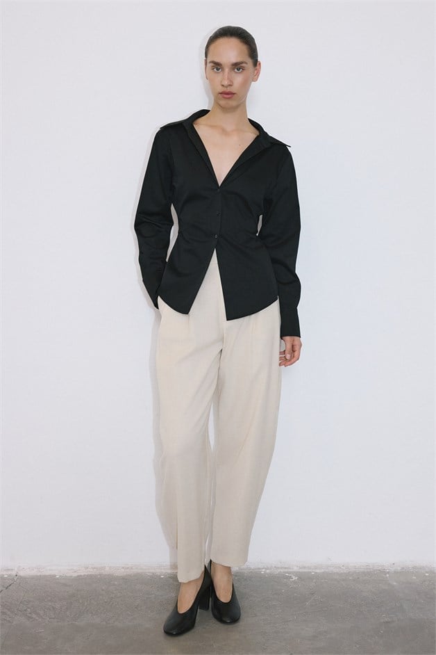 Deep V Neck Long Sleeve Asymmetric Black Shirt