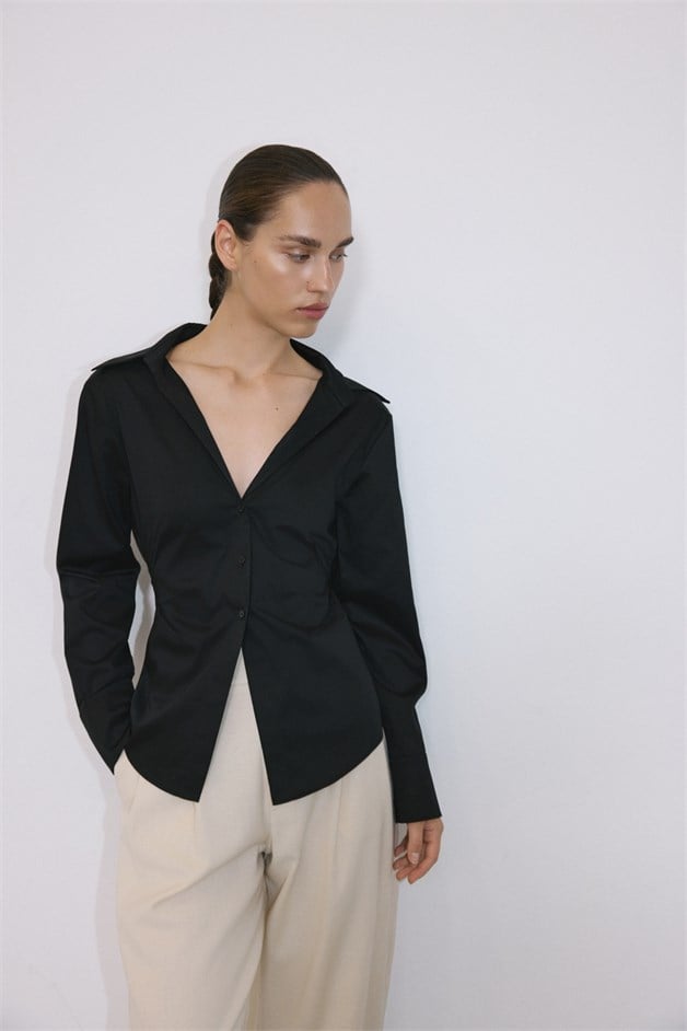 Deep V Neck Long Sleeve Asymmetric Black Shirt