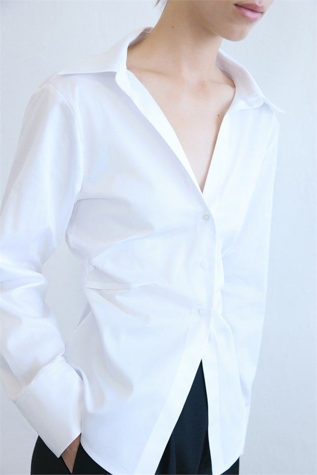 Deep V Neck Long Sleeve Asymmetric White Shirt