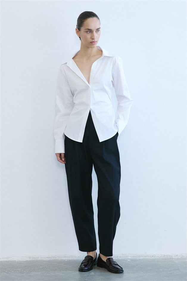 Deep V Neck Long Sleeve Asymmetric White Shirt