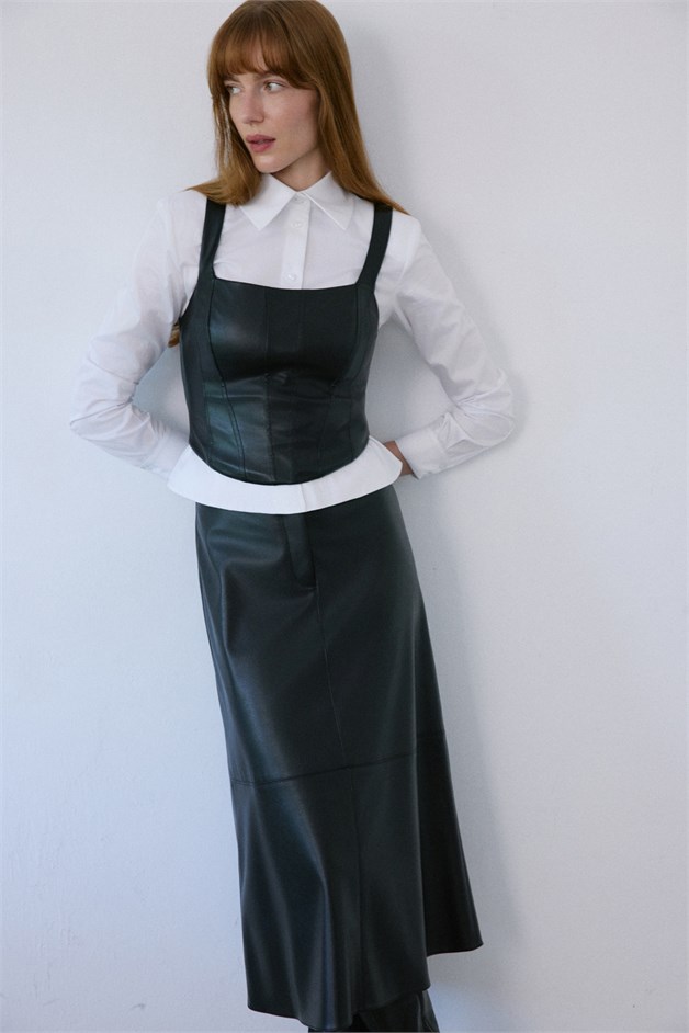 Square Neck Leather Corset Black Bustier