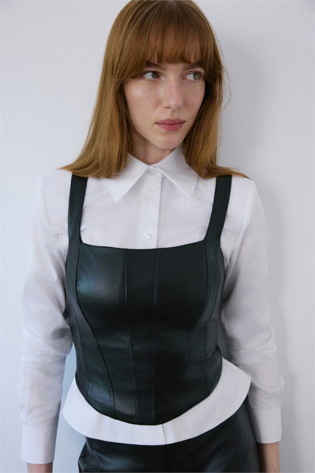 Square Neck Leather Corset Black Bustier