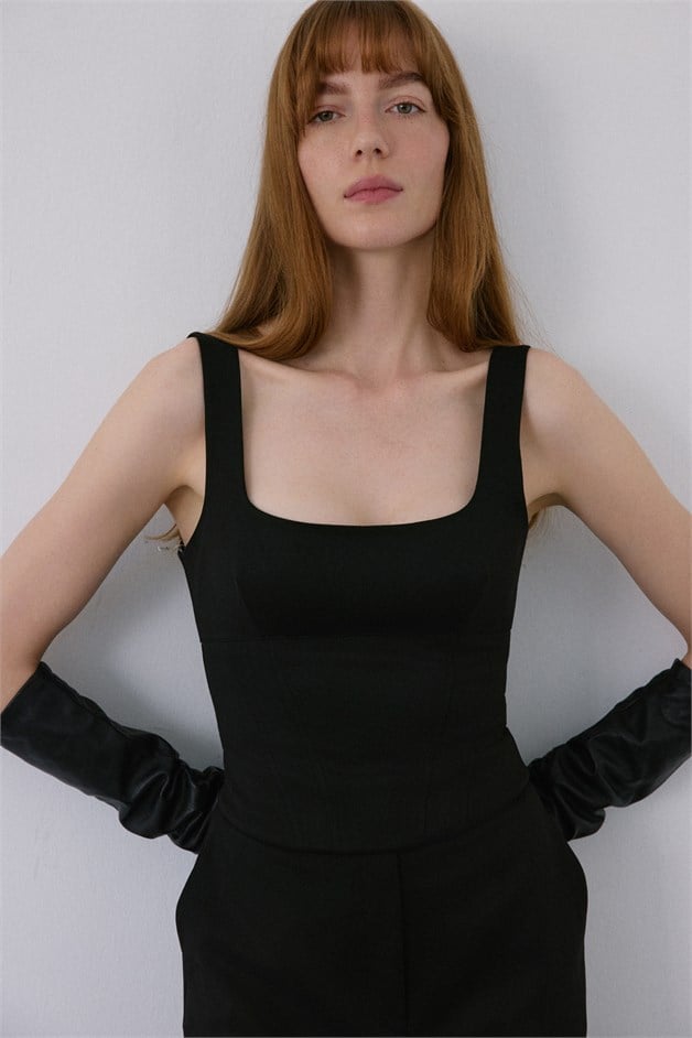 Square Neck Cupped Black Bustier