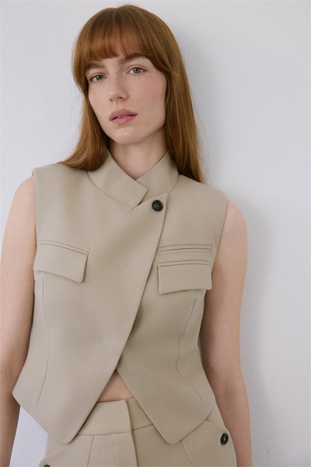 Double Breasted Look Lined Beige Vest