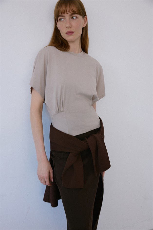Crew Neck Ruched Detail Beige T-Shirt