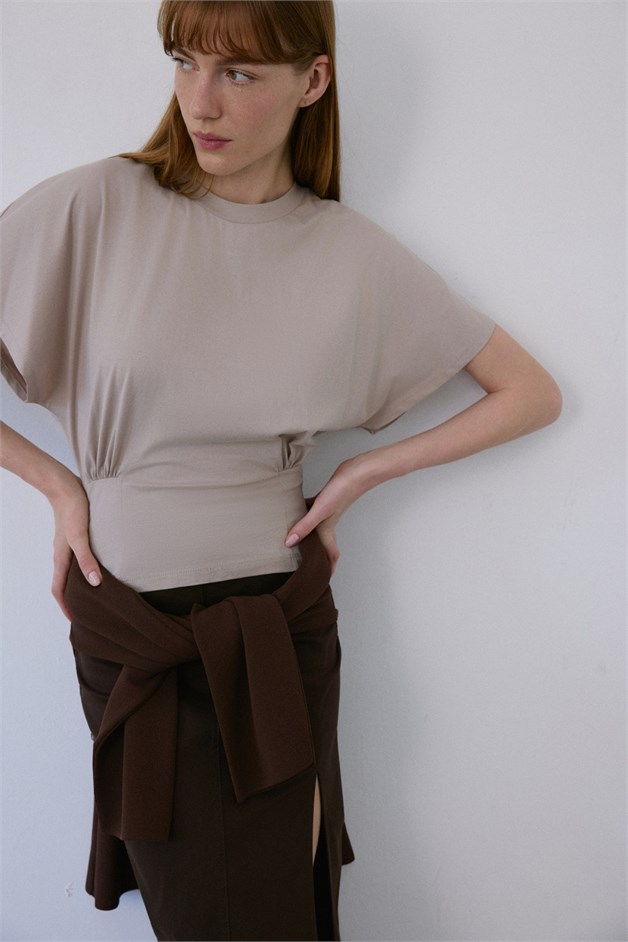 Crew Neck Ruched Detail Beige T-Shirt