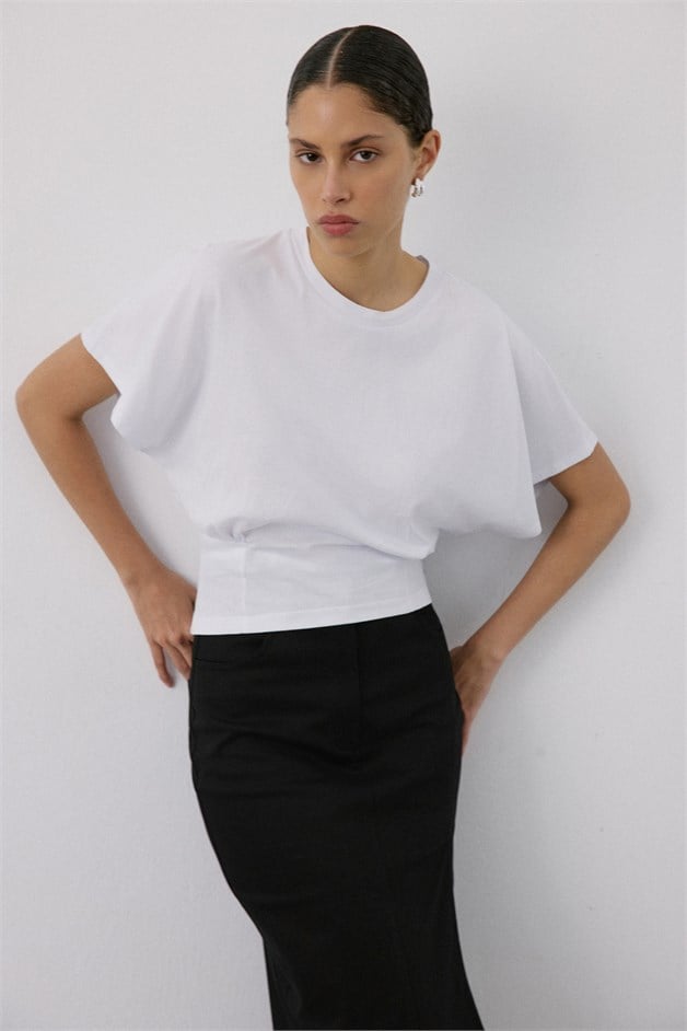 Crew Neck Ruched Detail White T-Shirt