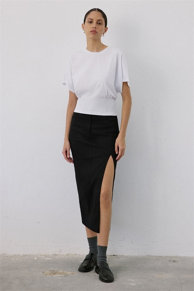 Crew Neck Ruched Detail White T-Shirt