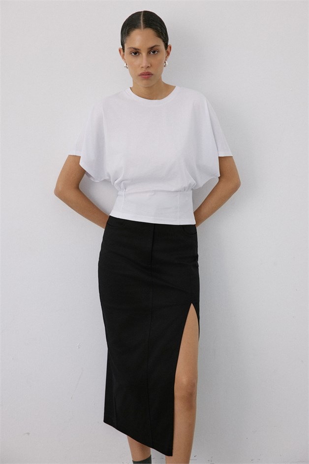 Crew Neck Ruched Detail White T-Shirt