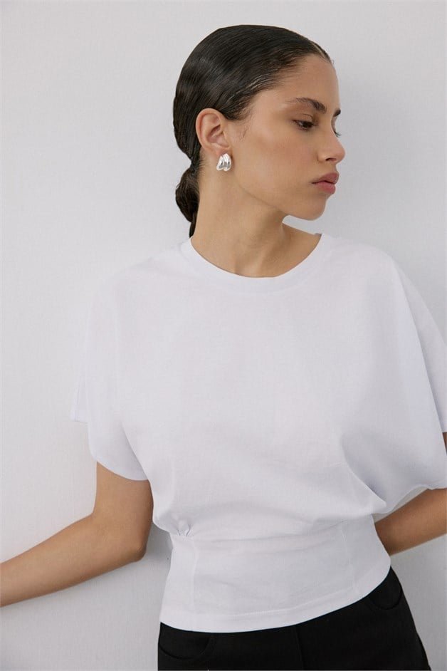Crew Neck Ruched Detail White T-Shirt