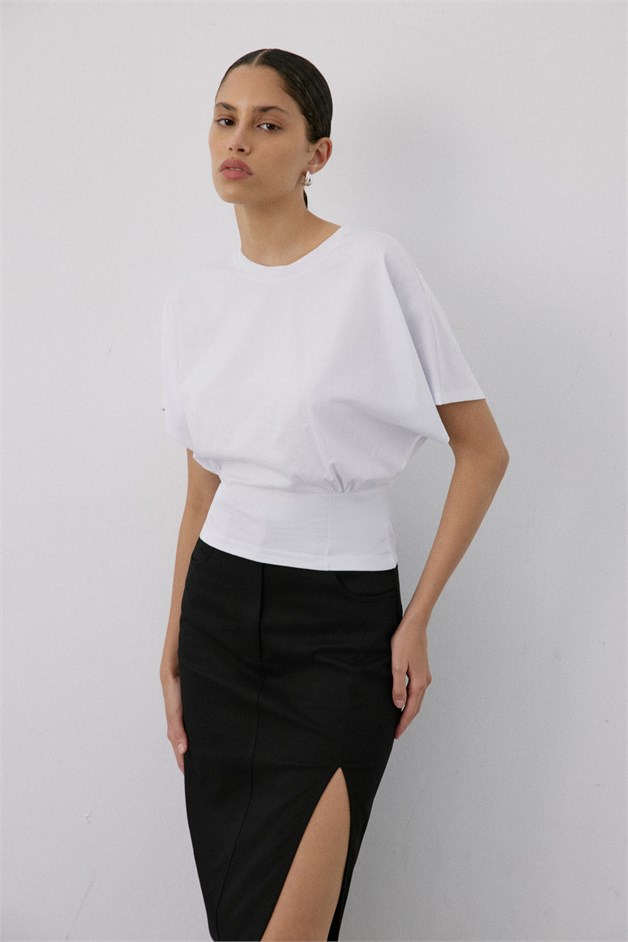Crew Neck Ruched Detail White T-Shirt