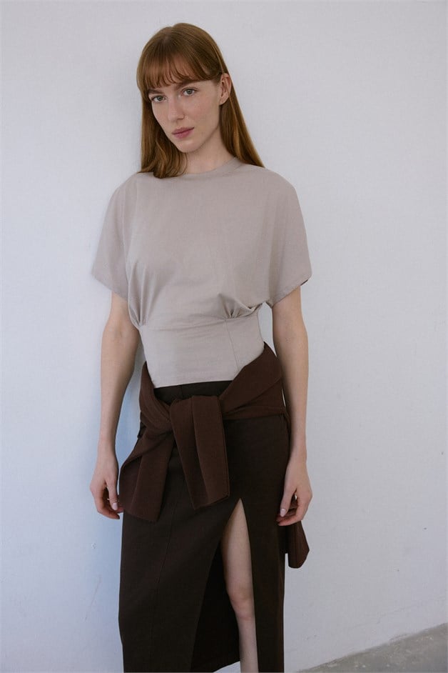 Crew Neck Ruched Detail Beige T-Shirt