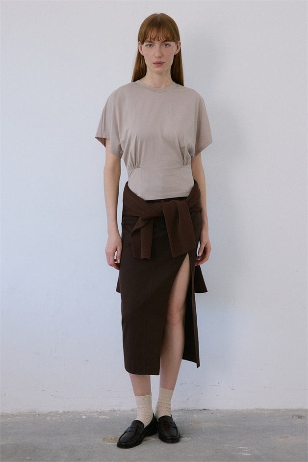 Crew Neck Ruched Detail Beige T-Shirt