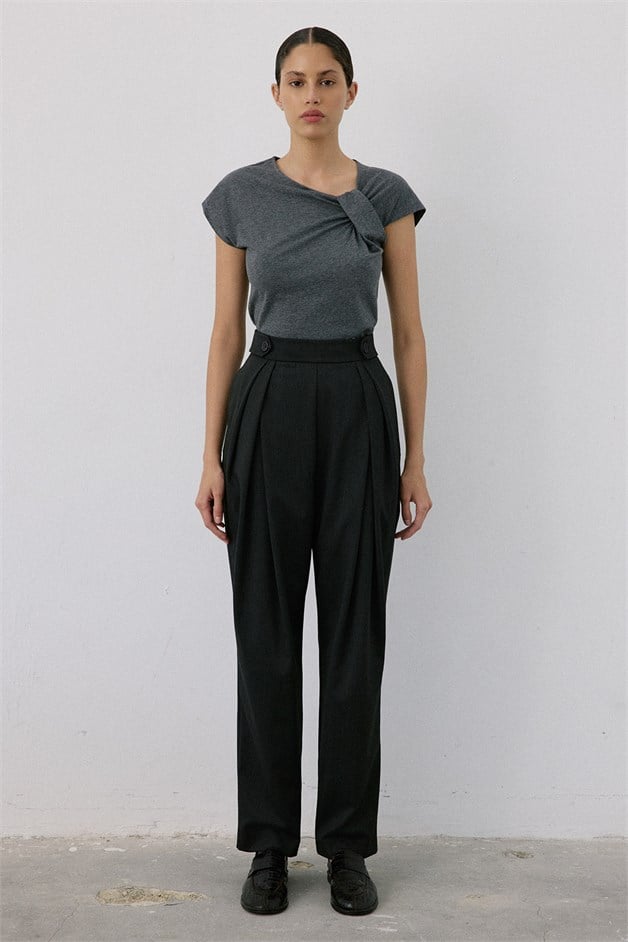 Asymmetric Neck Draped Grey T-Shirt