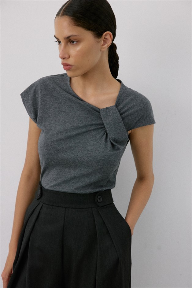 Asymmetric Neck Draped Grey T-Shirt