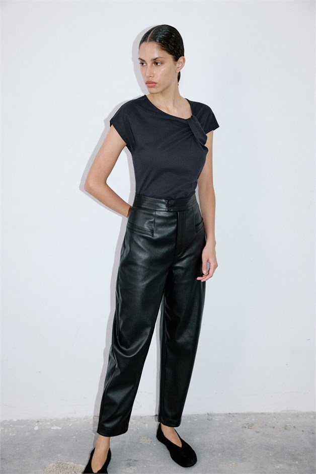 Asymmetric Neck Draped Navy T-Shirt