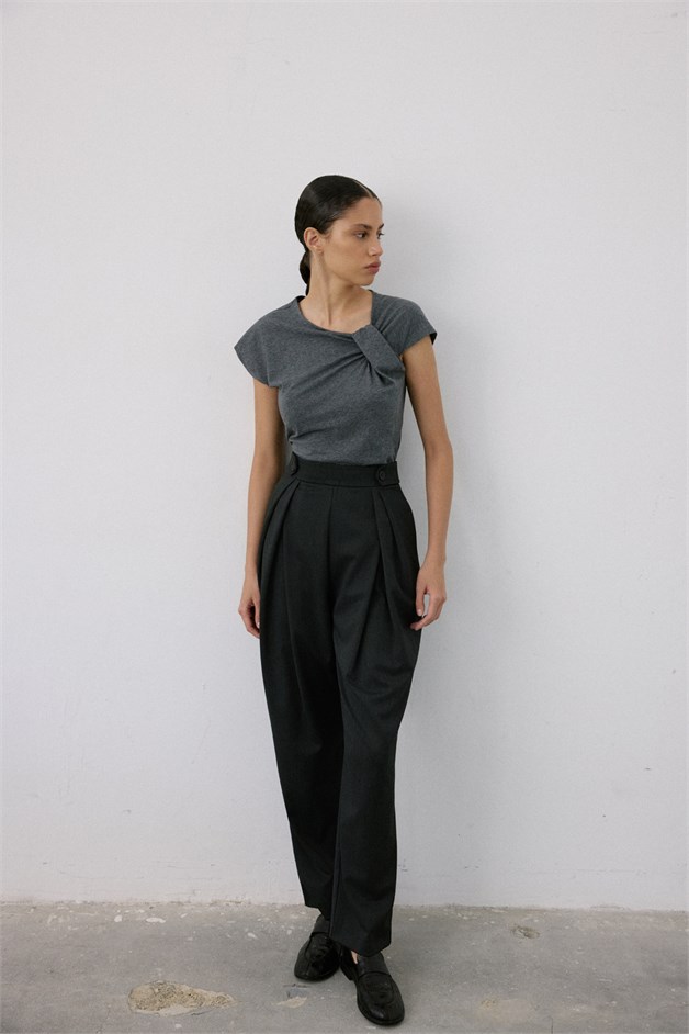 Asymmetric Neck Draped Grey T-Shirt