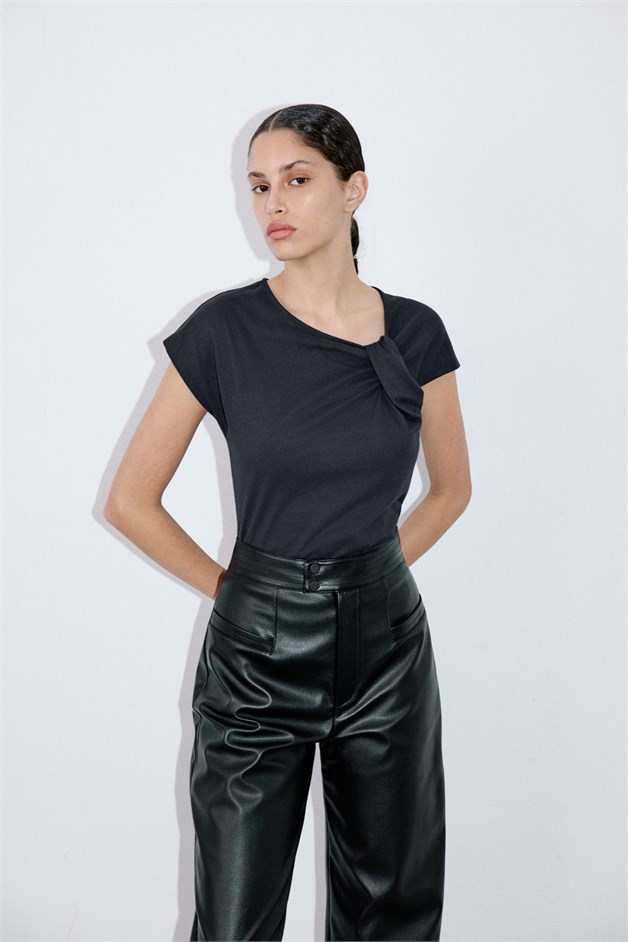 Asymmetric Neck Draped Navy T-Shirt