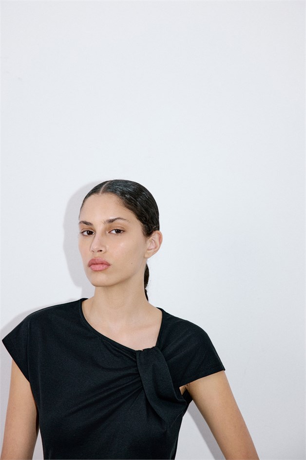 Asymmetric Neck Draped Black T-Shirt