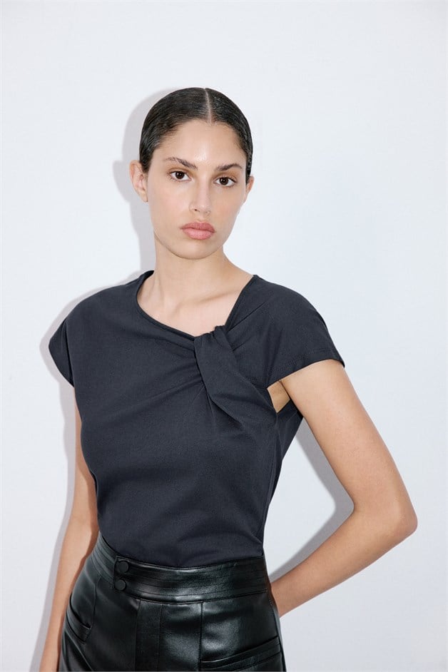 Asymmetric Neck Draped Navy T-Shirt