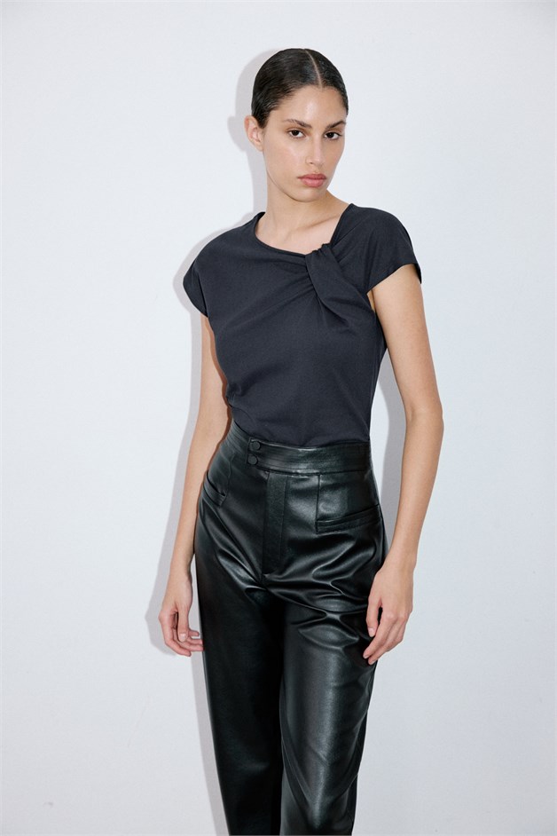 Asymmetric Neck Draped Navy T-Shirt