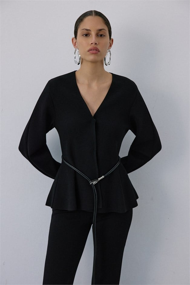 V-Neck with Faux Leather Belt Black Cardigan