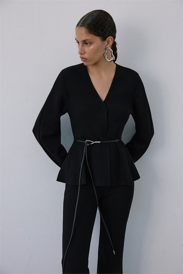 V-Neck with Faux Leather Belt Black Cardigan