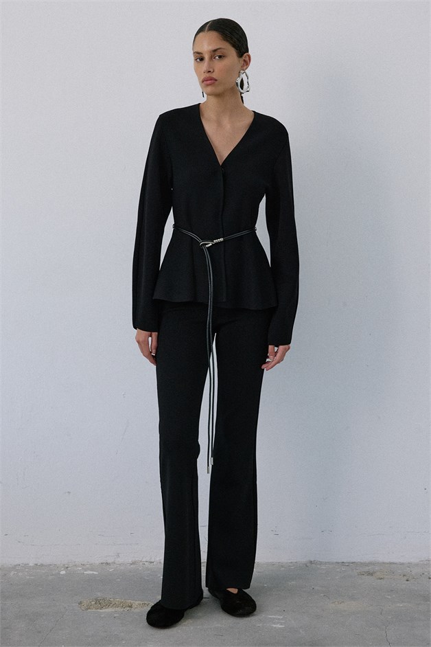 V-Neck with Faux Leather Belt Black Cardigan