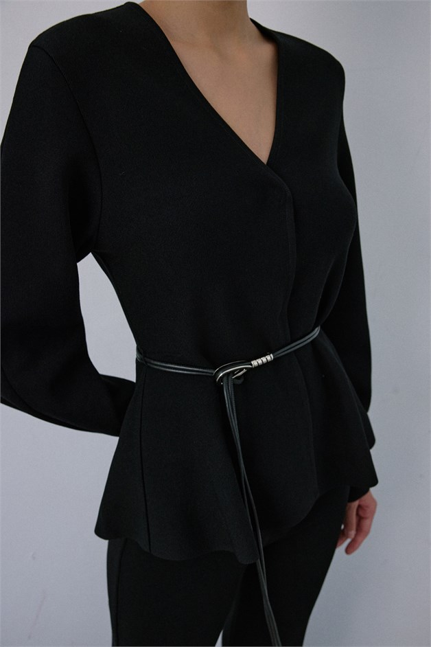 V-Neck with Faux Leather Belt Black Cardigan
