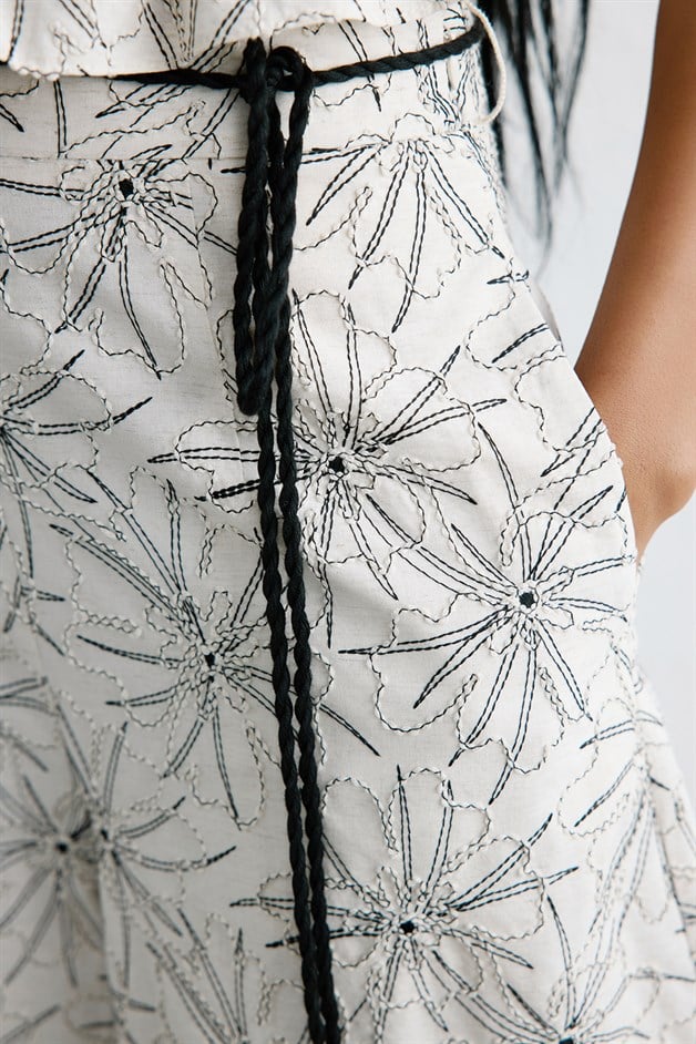 Yüksek Bel Geniş Paça Keten Ekru Pantolon