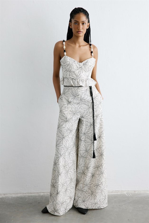 Yüksek Bel Geniş Paça Keten Ekru Pantolon