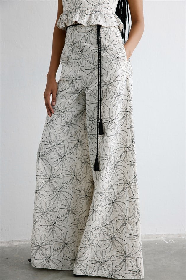 Yüksek Bel Geniş Paça Keten Ekru Pantolon