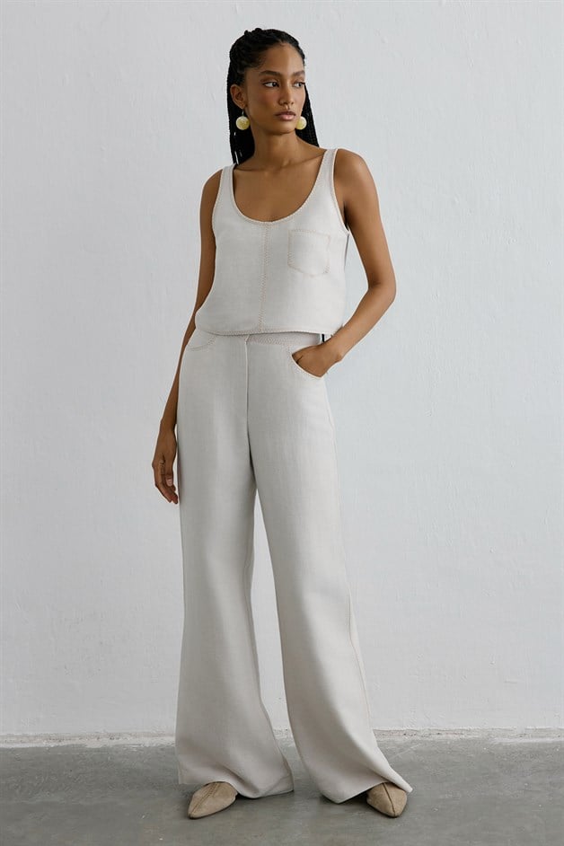 Linen Blend High Waist Beige Trousers