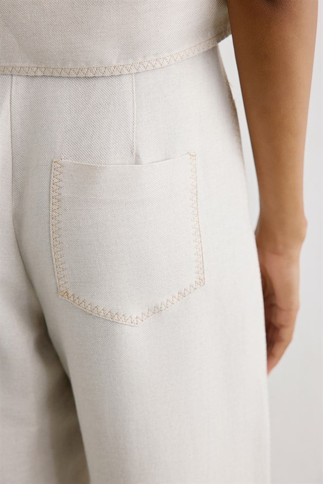 Linen Blend High Waist Beige Trousers