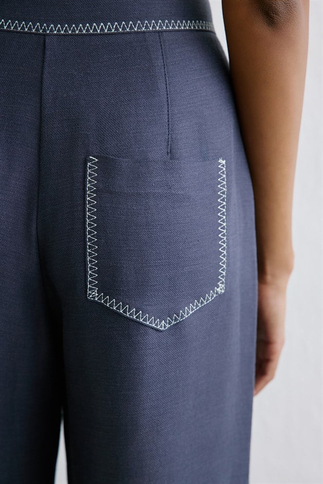 Keten Karışımlı Yüksek Bel İndigo Pantolon