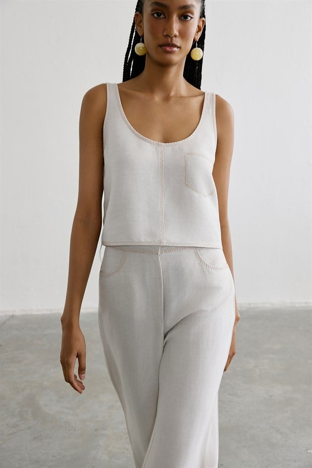 Linen Blend High Waist Beige Trousers