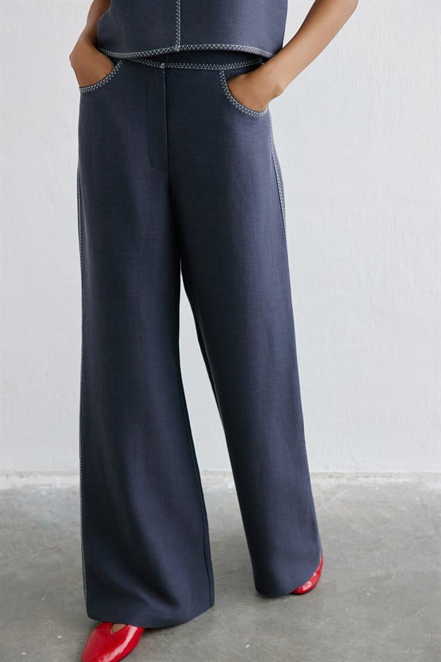 Keten Karışımlı Yüksek Bel İndigo Pantolon