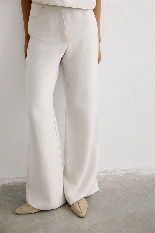 Linen Blend High Waist Beige Trousers