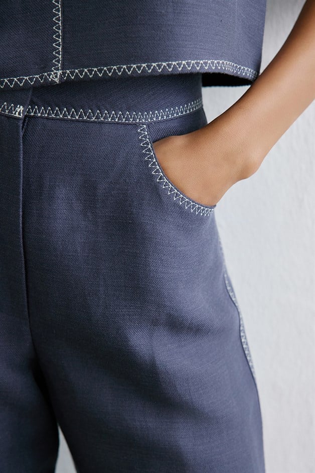 Keten Karışımlı Yüksek Bel İndigo Pantolon