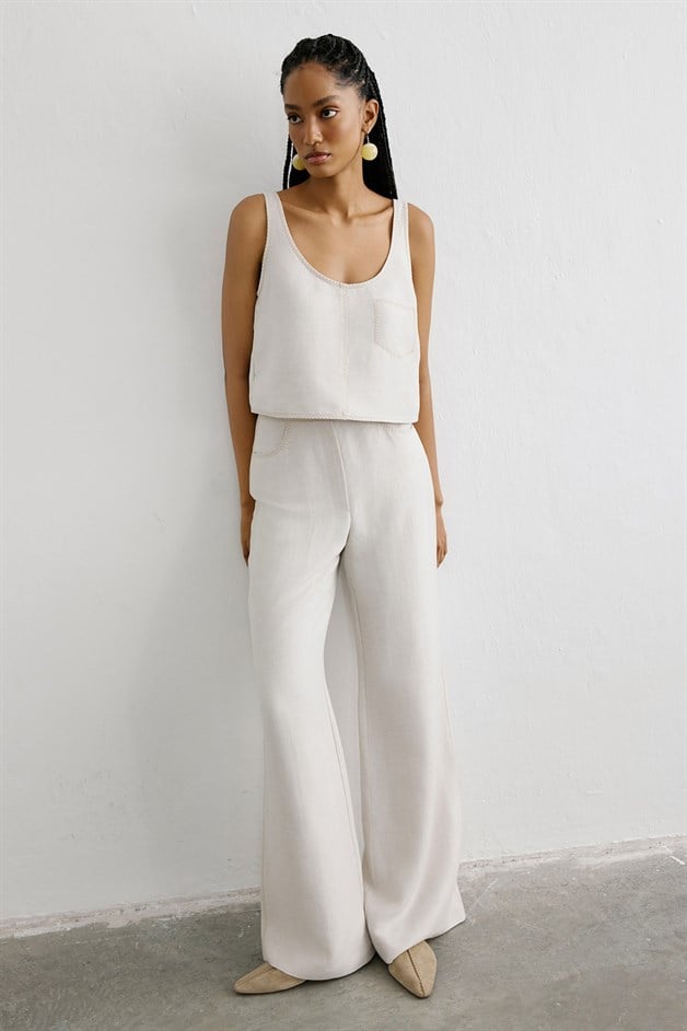 Linen Blend High Waist Beige Trousers