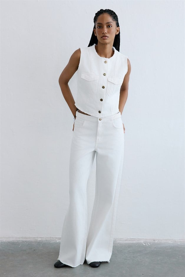 Yüksek Bel Geniş Paça Denim Ekru Pantolon
