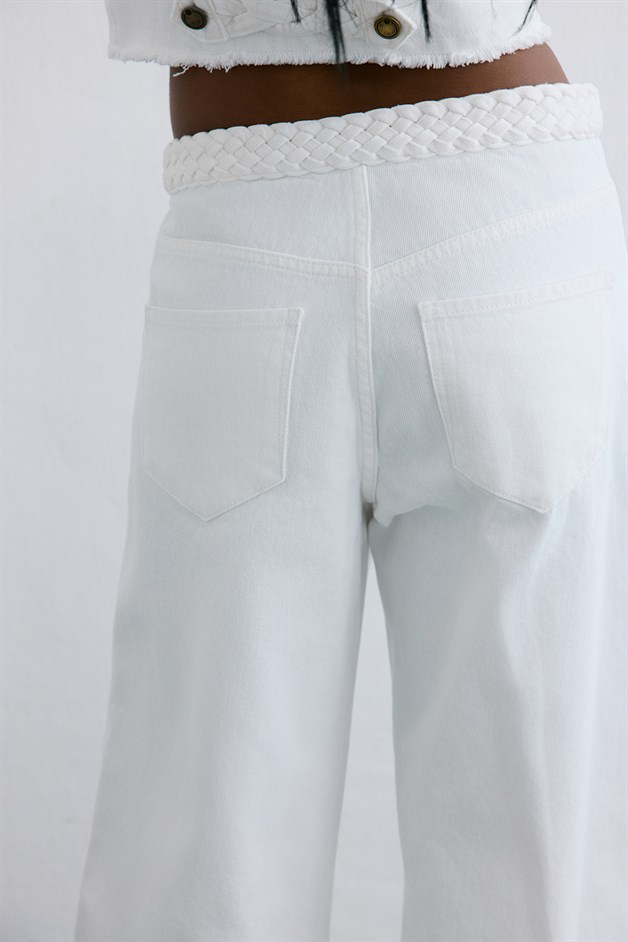 Yüksek Bel Geniş Paça Denim Ekru Pantolon