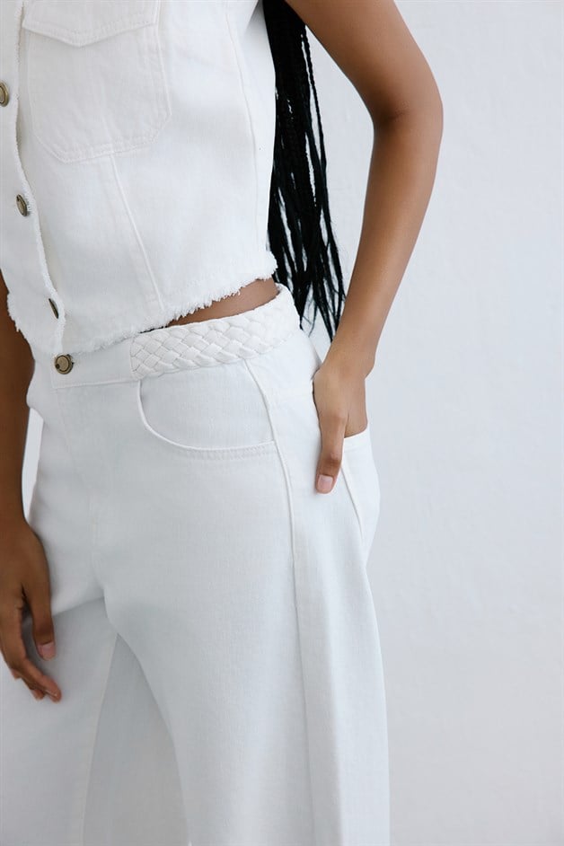 Yüksek Bel Geniş Paça Denim Ekru Pantolon