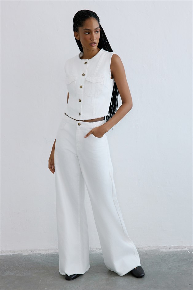 Yüksek Bel Geniş Paça Denim Ekru Pantolon