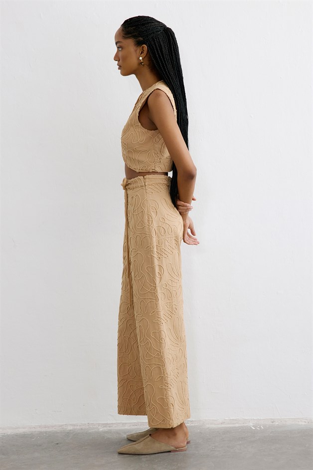 Yandan Fermuarlı Bol Paça Camel Pantolon