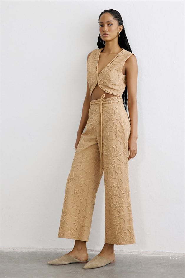 Yandan Fermuarlı Bol Paça Camel Pantolon