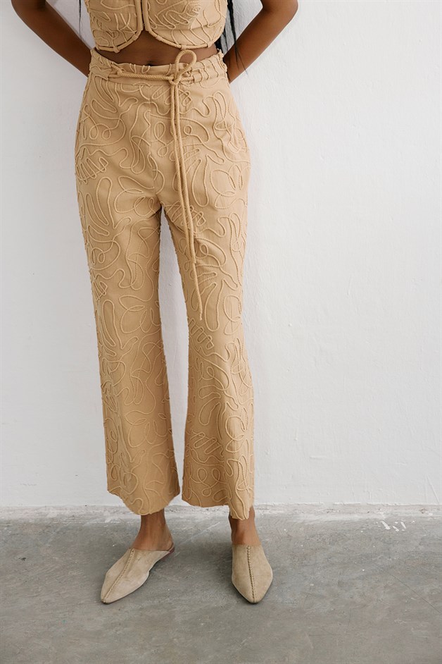 Yandan Fermuarlı Bol Paça Camel Pantolon