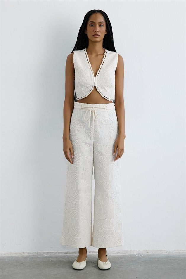 Yandan Fermuarlı Bol Paça Ekru Pantolon